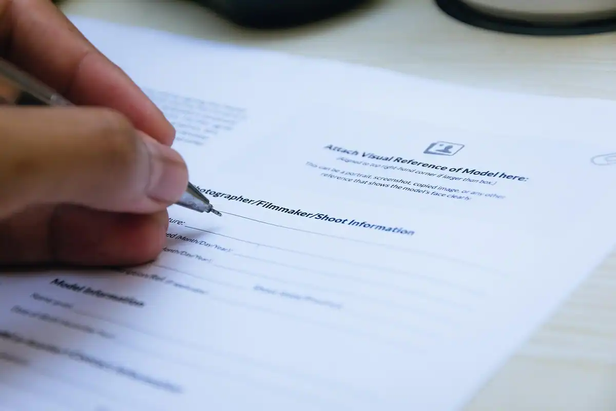 Mână care semnează un formular tipărit, cu pixul pe linia de semnătură pentru codebitor