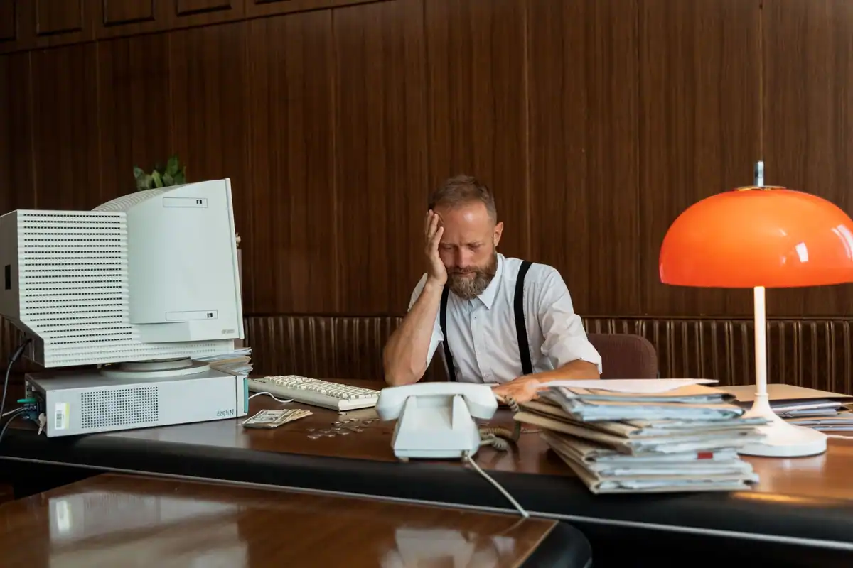 Bărbat obosit la un birou cu dosare, gândindu-se cum să adune datoriile într-una singură